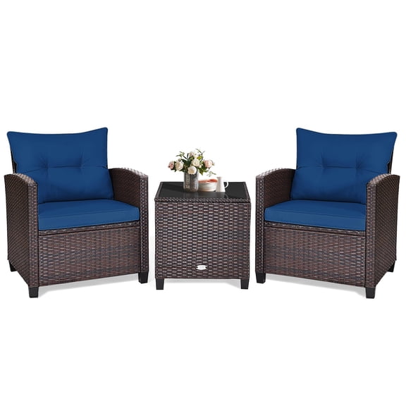3-Piece Outdoor Patio Conversation Set With Navy Blue Cushions PE Rattan Wicker Chairs And Tempered Glass Table