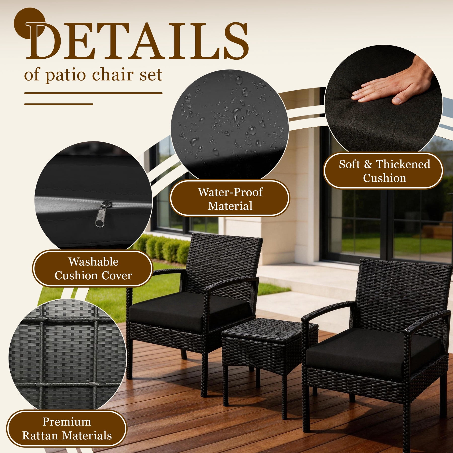 Tappio Outdoor Furniture 3 Piece Patio Bistro Furniture Set, Rattan Conversation Chairs Set with Side Table and Cushions, Patio Furniture Sets for Balcony Garden Porch, Black