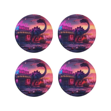 

Leather Coasters Set of 4 - Western Style Dinosaur Lightweight Non-Slip Drink Coasters for Desk Anti-Scalding Desk Cup Coasters for Office Table Decor Round Shape