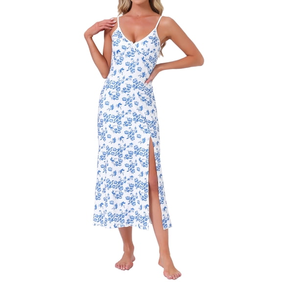 INSPIRE CHIC Women's Nightgown Chemise Floral Split Midi V Neck Bow Spaghetti Strap Cami Lingerie Pajama Dress S White with Blue Floral