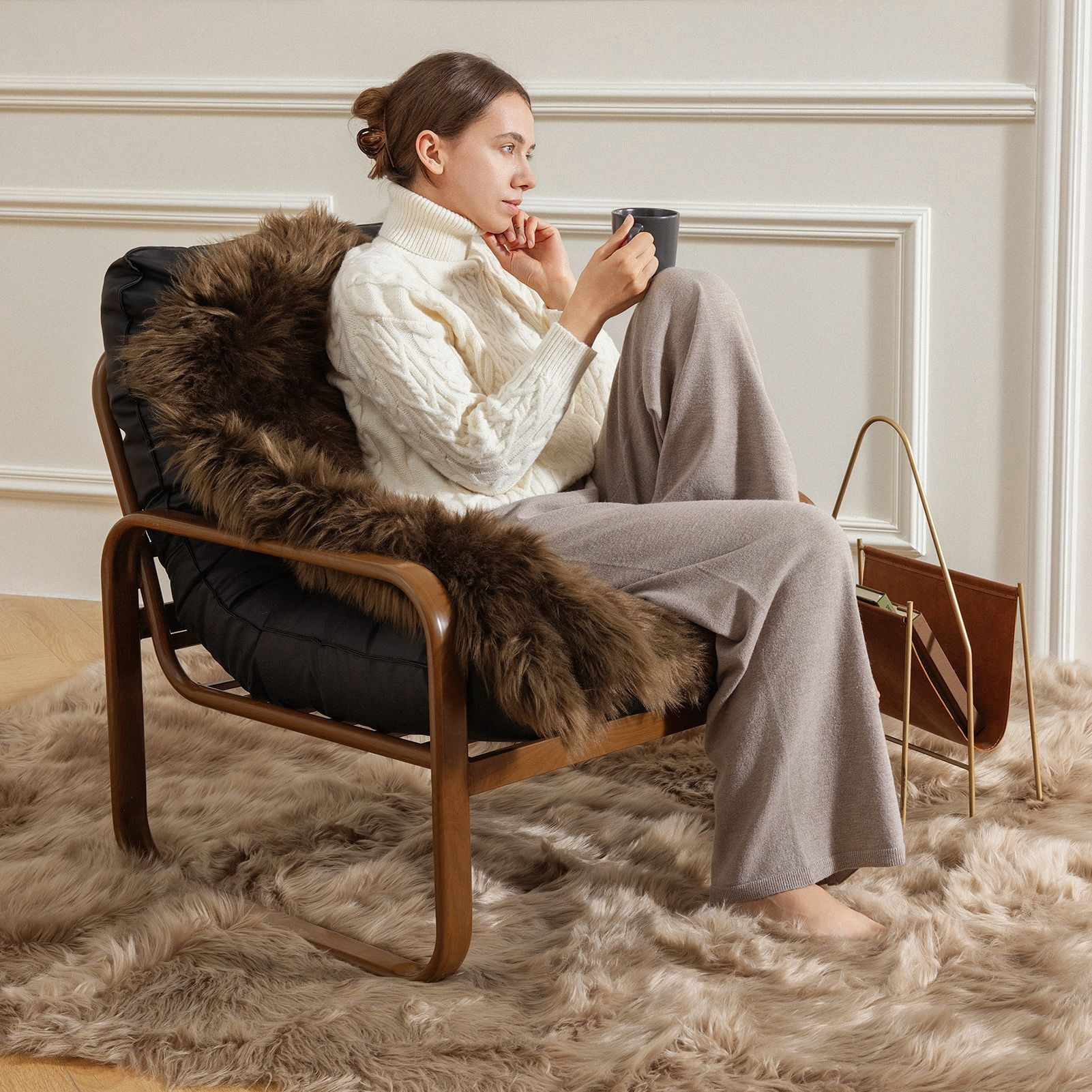 Phantoscope Faux Fur Area Rug, Fluffy Beige Shag Carpet, Ultra Soft Machine Washable Indoor Area Rug, 3' x 5', Rectangular for Living Room, Bedroom, Nursery & Kids Room