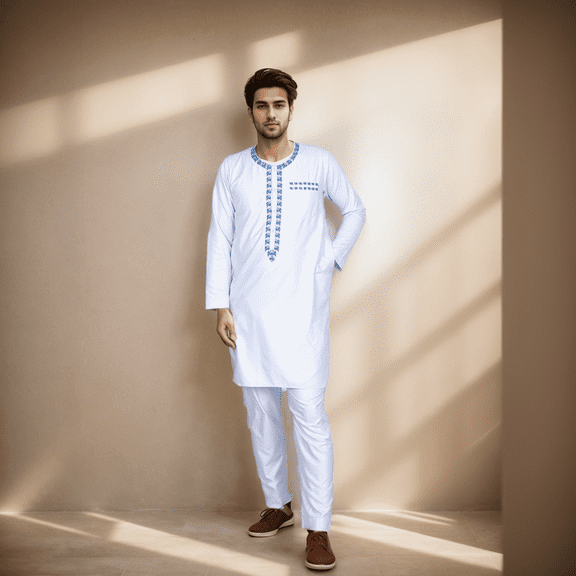 BAZINRICHE African Men Causal Kaftan Robe Long Sleeve Thobe Saudi Arabic Thobe for Men Round Neck