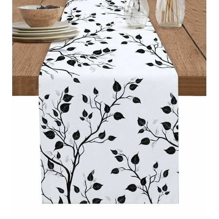 

Black White Leaves Table Runner Minimalist Natural Trees Watercolor Tablerunners 13 x 60 Inch Table Decorations Tabletop Scarf for Summer Gathering Holiday Farmhouse Kitchen Dining Decor