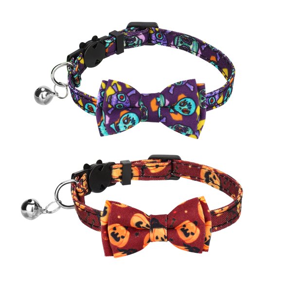 LUTER Lot de 2 Colliers pour Chat d'Halloween avec Nœud Papillon Amovible avec Clochette Réglable Accessoires Décoratifs pour Chaton d'Halloween (Citrouille, Crâne)