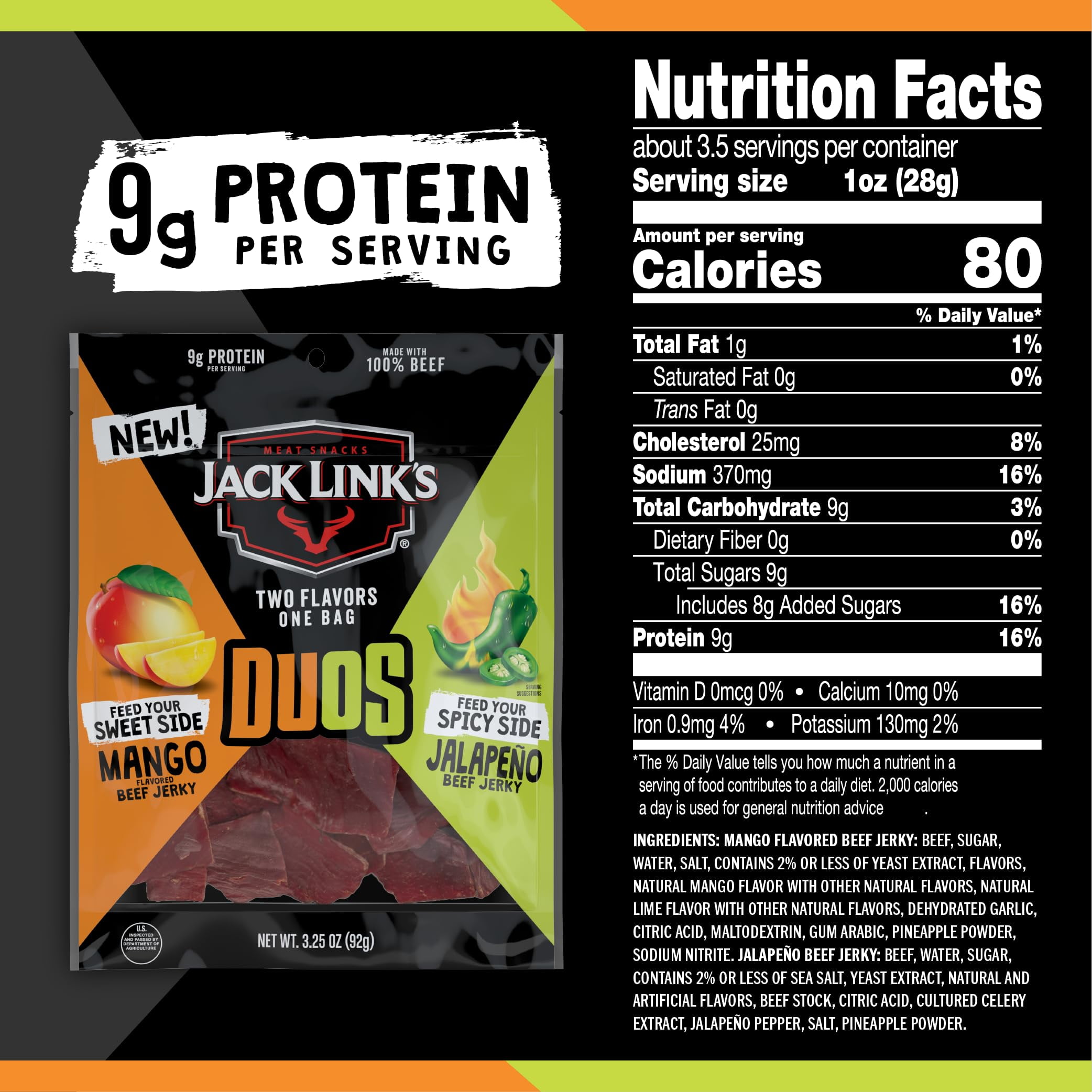 Jack Link's DUOs Jalapeño and Mango Beef MDH1Jerky, Shareable Under 100 Calories Snack Packs with 9g of Protein, Feed Your Beast Side With Individual Bags of Meat Snacks - 3.25oz (4 Count)