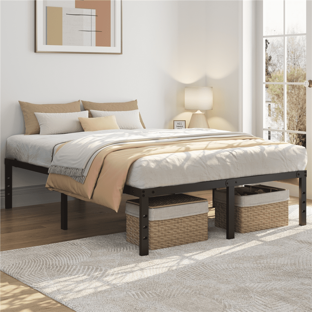 Alden Design Queen Size 16.5" Metal Platform Bed Frame, No Box Spring Needed, Black