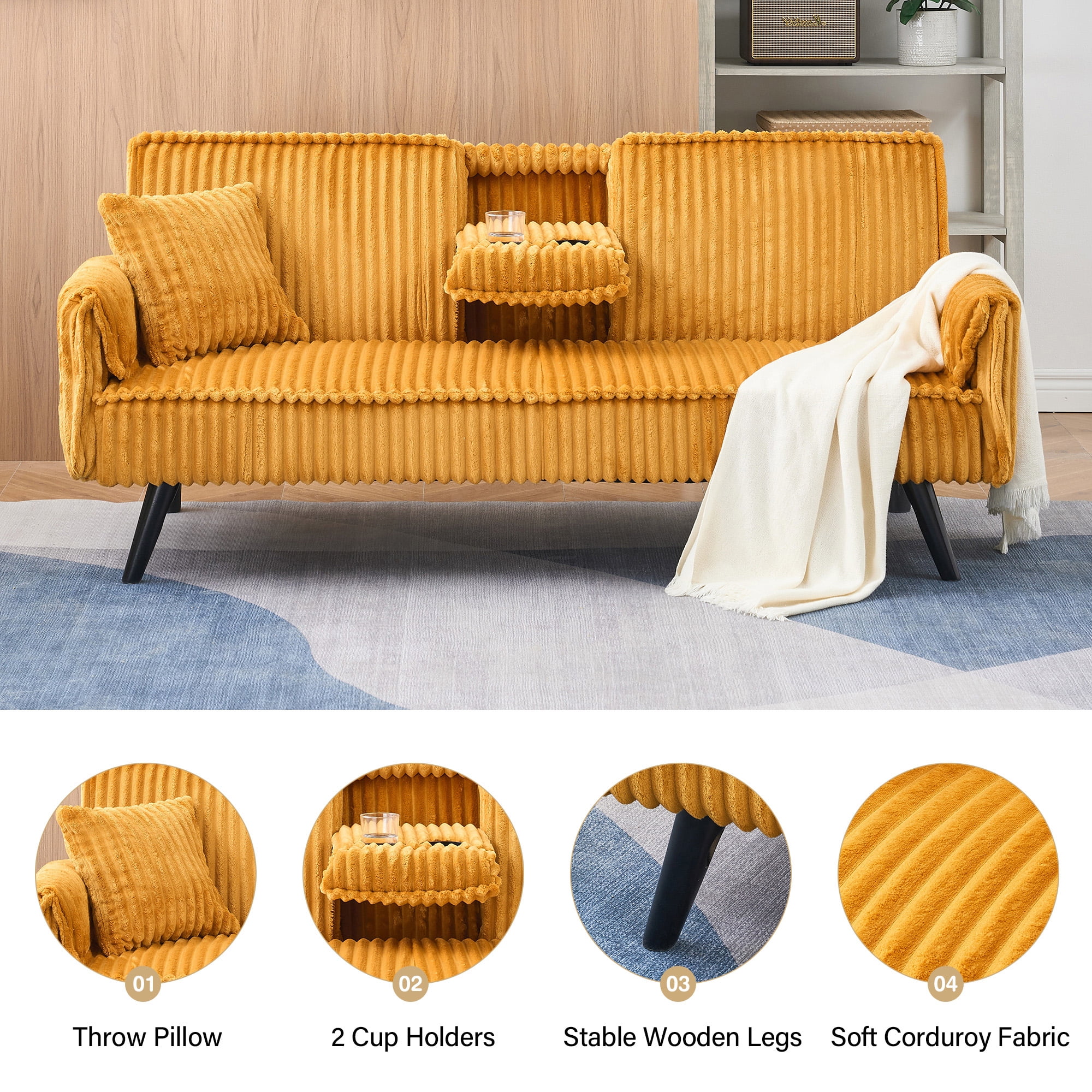 Aukfa Corduroy Futon Convertible Sofa Bed, 2 Cup Holders& Pillow, Straight-line Tufted, Mustard