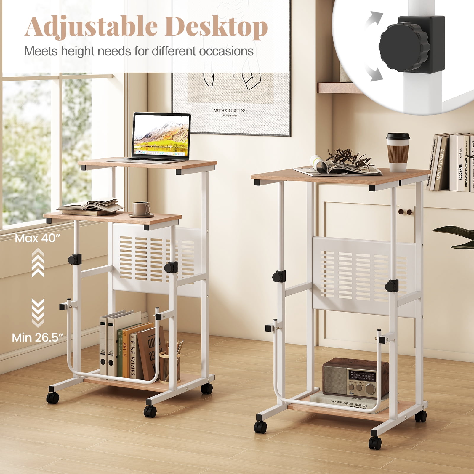 Giantex Height Adjustable Standing Desk, Rolling Stand Up Desk, Portable Laptop Desk w/Swivel Footrest, Mobile Computer Workstation