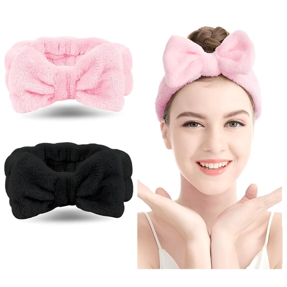 TUWAFE Spa Headband 2 Pack Bow Hair Band,Soft Coral Fleece Head Wrap for Face Wash
