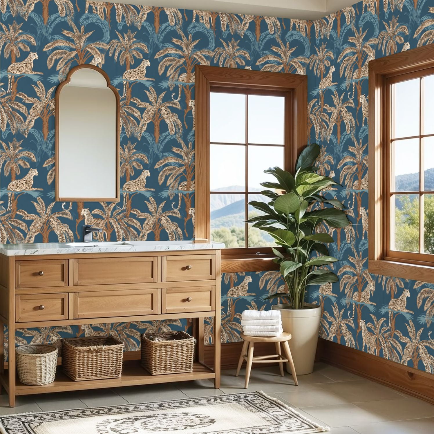 Cheetah Peel and Stick Wallpaper 23.6in x 9.8ft Tropical Jungle Cheetahs Palm Trees Blue Contact Paper Vinyl Waterproof Self Adhesive Wall Paper for Bedroom Shelf Cabinet Renter Friendly