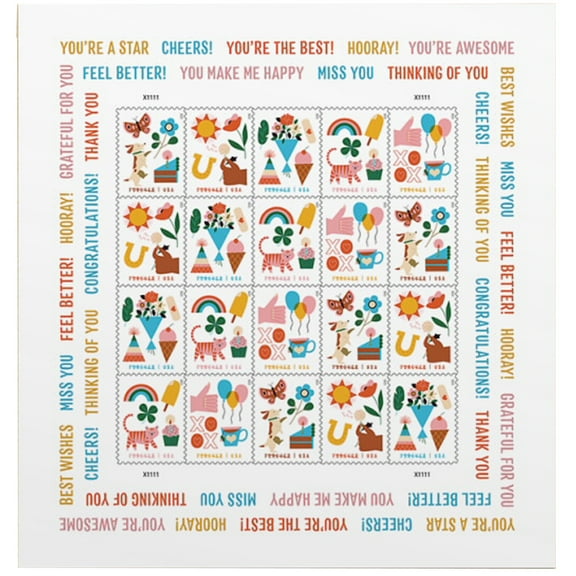 Thinking of You USPS Forever Postage Stamp 1 Sheet of 20 US First Class Letter Card Flower Stickers Birthday Anniversary Wedding Celebrate (20 Stamps)