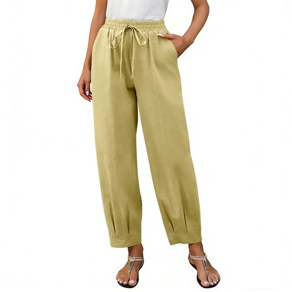 GUACER Harem Pants for Women Cotton Linen Drawstring Elastic Waist Tapered Pants with Pockets Casual Pants