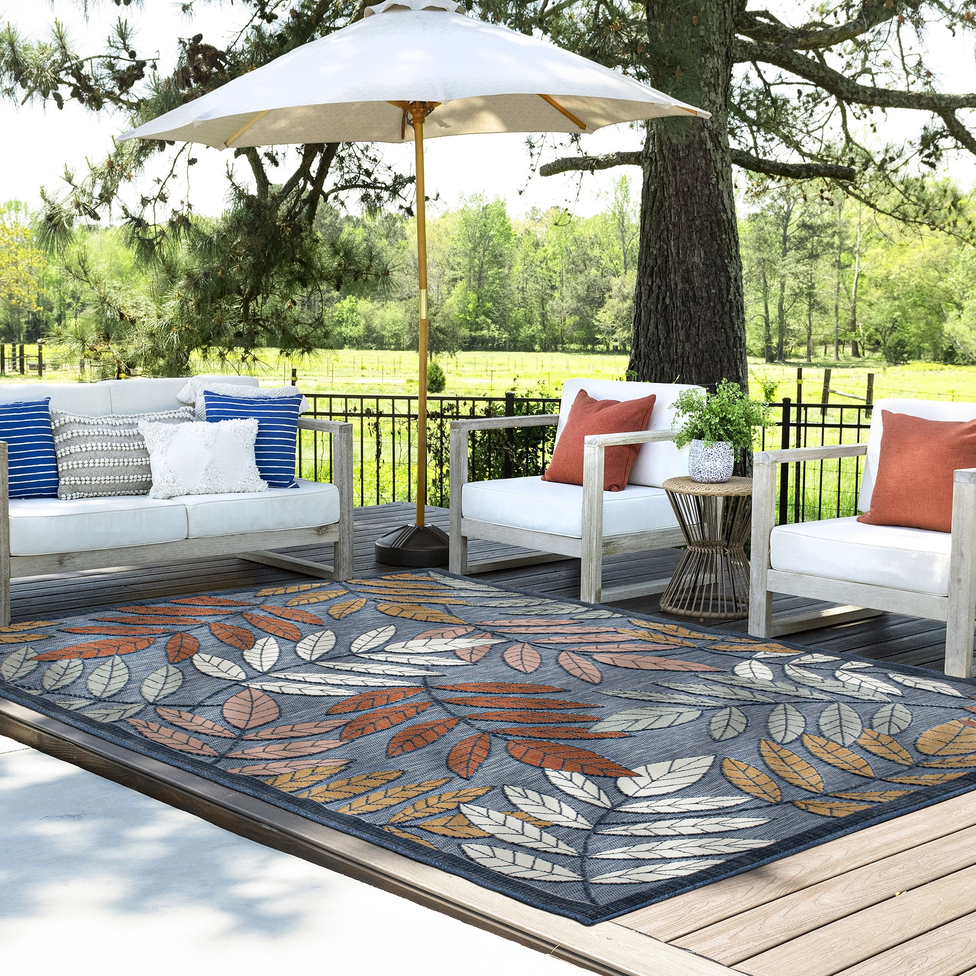 5x7 Water Resistant, Indoor Outdoor Rugs for Patios, Front Door Entry, Entryway, Deck, Porch, Balcony | Outside Area Rug for Patio | Dark Blue, Floral | Size: 5'1'' x 7'3''
