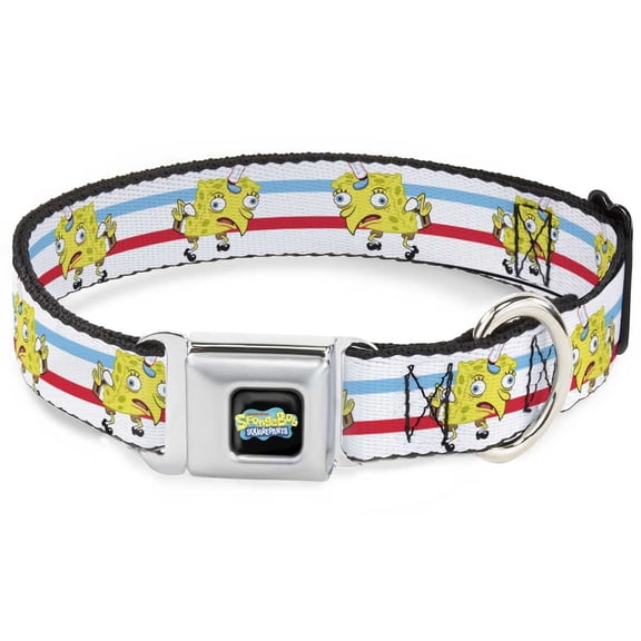 Nickelodeon Pet Collar, Dog Collar Metal Seatbelt Buckle, Mocking Spongebob Pose Stripe White Blue Red, 9.5 to 13 Inches 1.0 Inch Wide