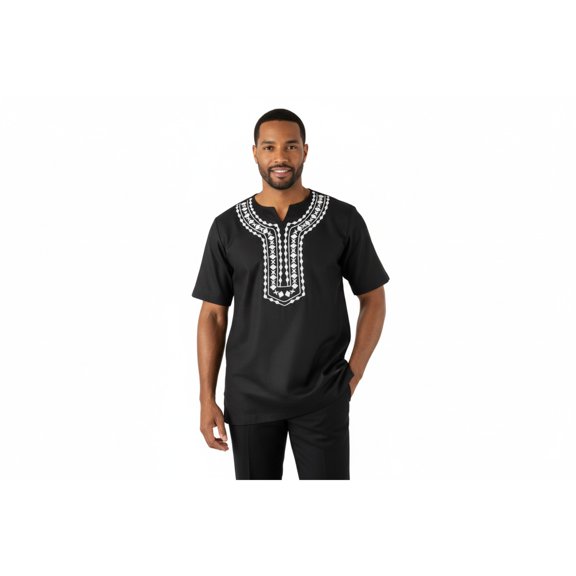 Men 2pc Stacy Adams leisure suit Linen Cotton With Embroidery 3668 Black White