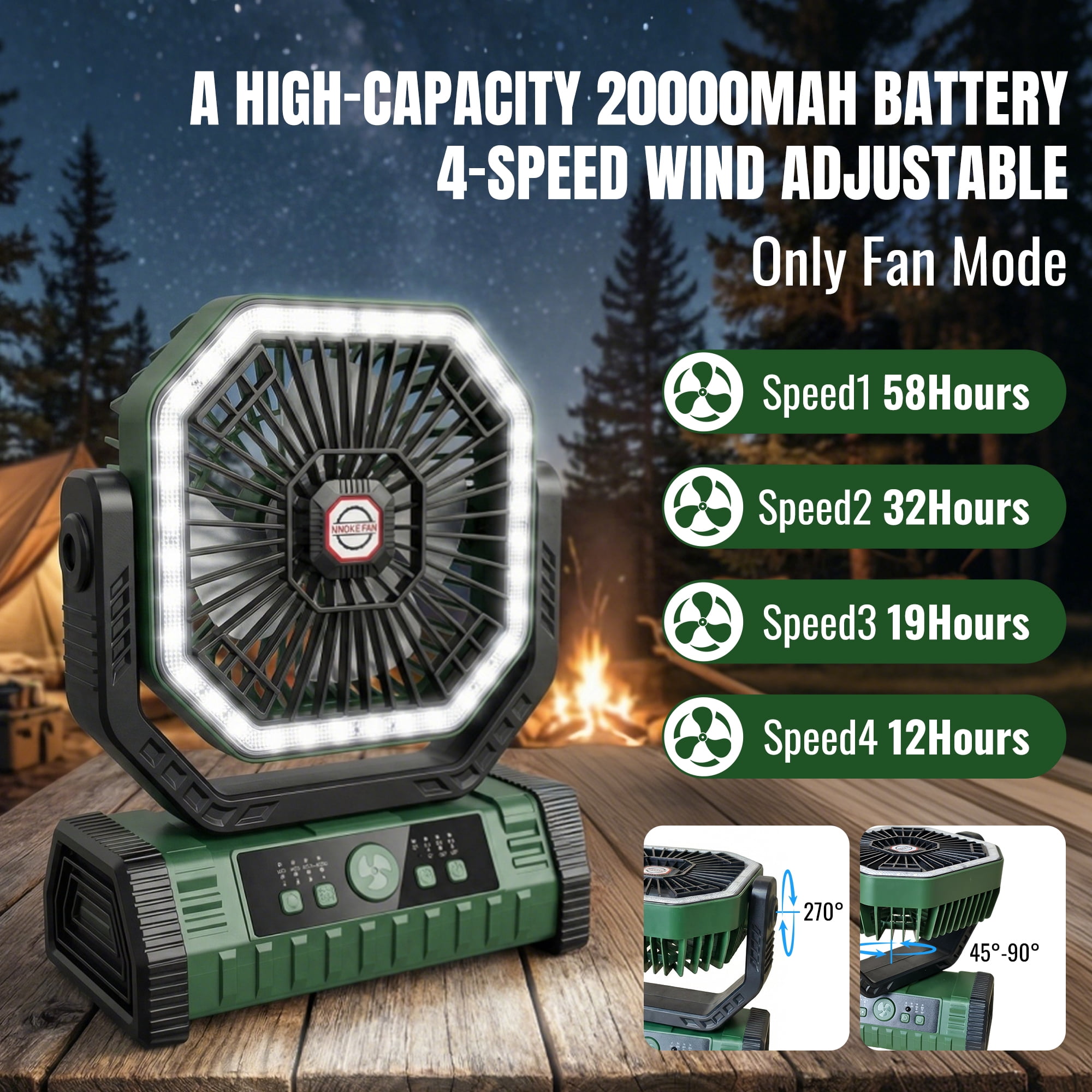 DAYBETTER Oscillating Camping Fan with LED Lantern, 20000mAh Rechargeable Timer Portable Fan with 4 Speed & 3 Brightness, Remote Control for Car Travel Camping Gear Emergency Power