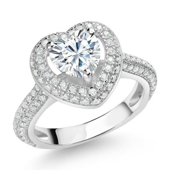 Gem Stone King 925 Sterling Silver White Moissanite Heart Engagement Ring for Women (1.70 Cttw, Gemstone, Heart Shape 6.5MM, Size 9)
