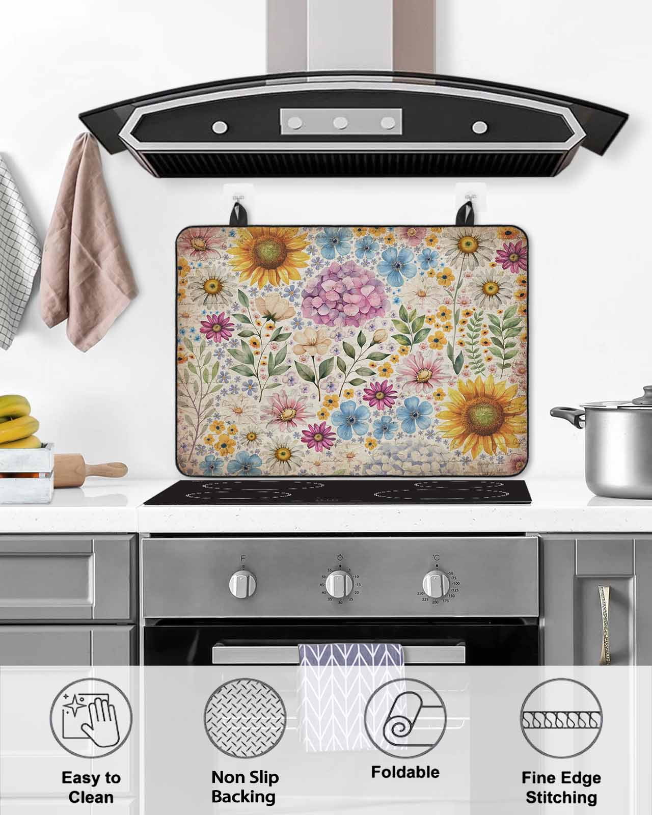 Large Induction Cooktop Protector Mat Sunflower Vintage Stove Top Covers for Electric Stove, Yellow Floral Summer Botanical Retro Art Decorative Stove Burner Cover Mats, Glass Top Stove Cover