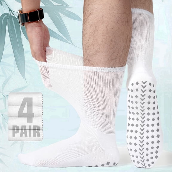HIALTODAY Men's Diabetic Socks 4 Pairs, Non-Binding Bamboo Neuropathy Crew Socks with Non-Slip Grip, Moisture Wicking Breathable Comfort Fit Father's Day Gift, WHITE
