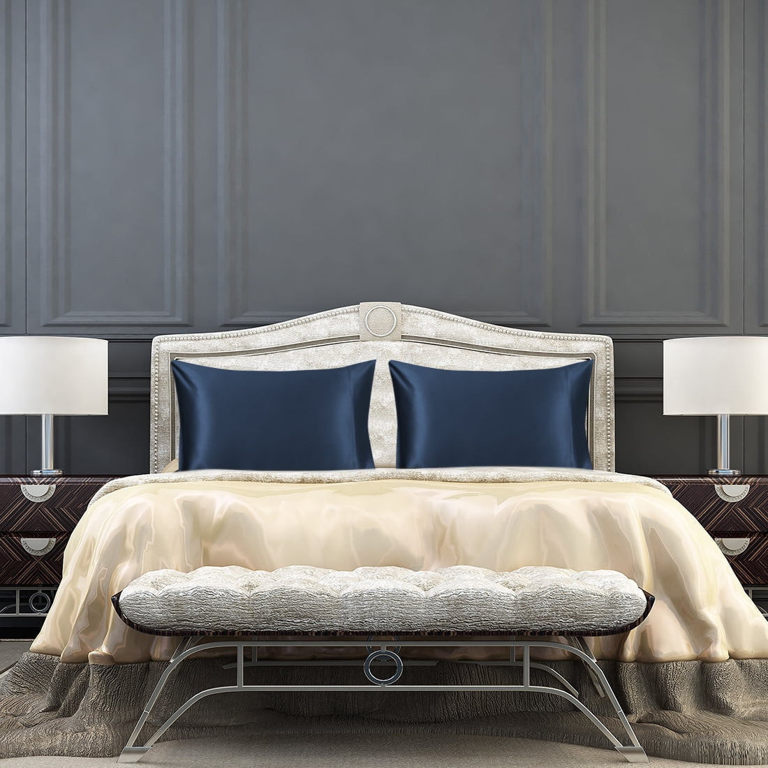 Unique Bargains 19 Momme Silk Pillowcase Eye Cover Set, Queen, Navy Blue