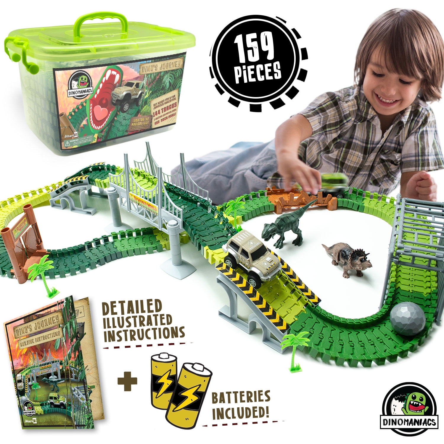 52 PCS Variety Assembly Flexible Train Track with Electric Vehicle Playset for 3 4 5 6 Year Old Boys Girls Toddlers Birthday Gifts COGO MAN Dinosaur Toys Race Car Track Set