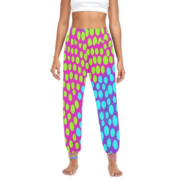 Iauyy Womens Baggy Wide Leg Harem Pants Casual Elastic Waisted Palazzo Pants with Pockets,Neon Green Printed
