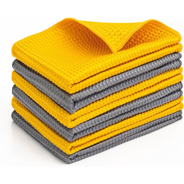 LAICAIW Microfiber Kitchen Dish Towels 6 Pack- 17 x 25\u201d Super Absorbent Kitchen Hand Dish Cloths, Lint Free & Quick Drying (Yellow/Light Gray)