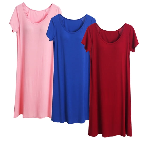 Camisón largo de 3 piezas para mujer, color liso, largo medio, manga corta, con copas acolchadas, para el hogar, modal