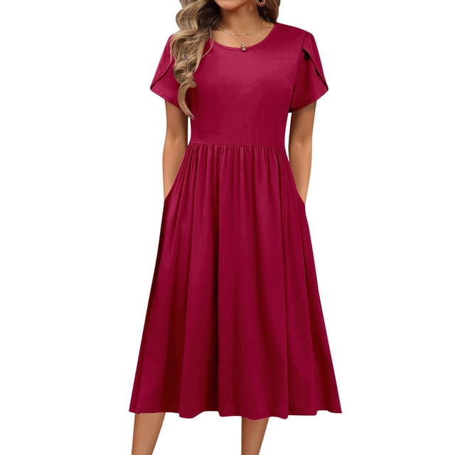Hyknon Dresses for Women Mode Couleur Unie Manches Courtes Robe Ample avec Poche Col Rond Décontractée Douce Fluide