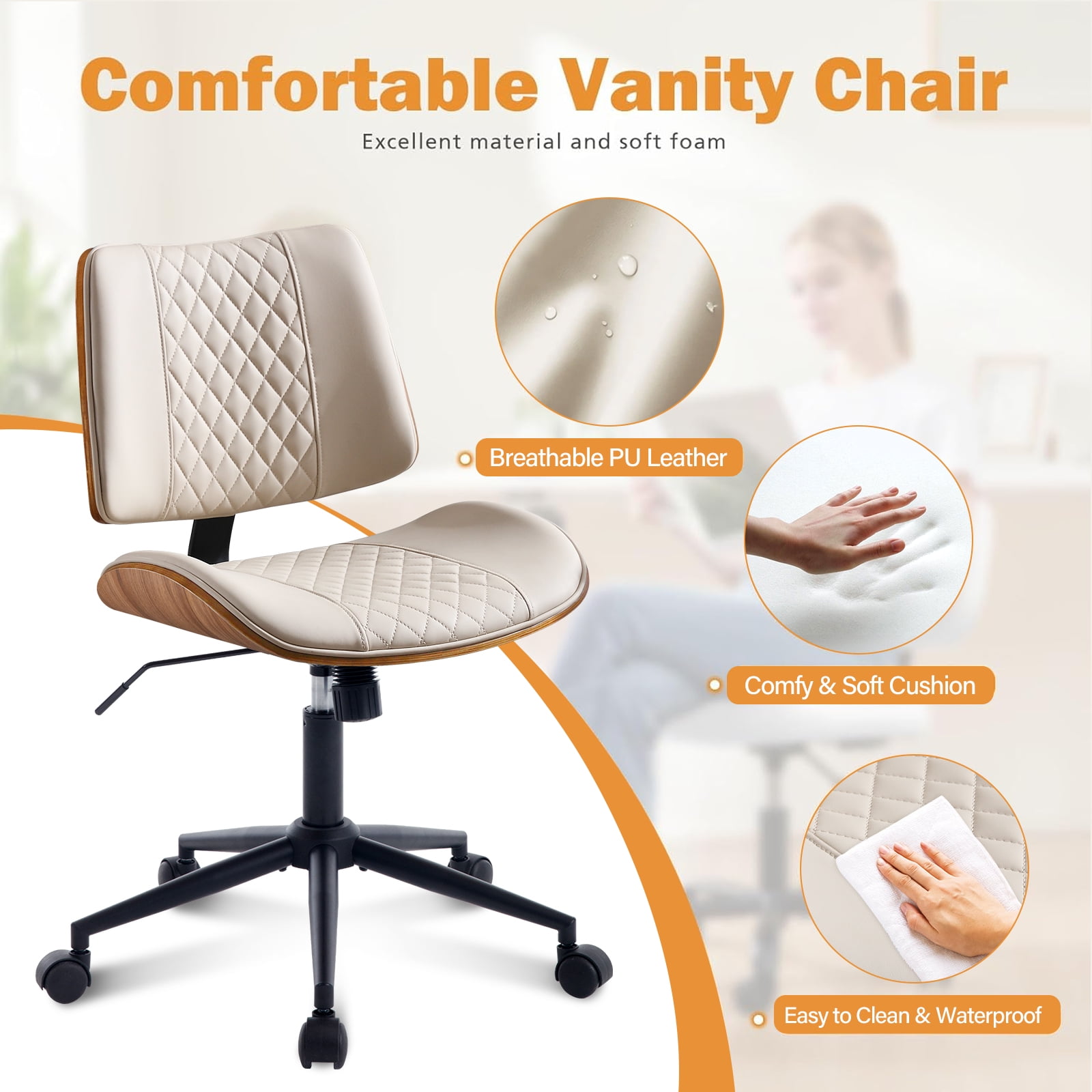 Home Office Chair with Wheels, Adjustable Height and 360° Swivel Armless Desk Chair, Modern PU Leather Mid-Back Computer Chair for Office Living Room Bedroom, Beige
