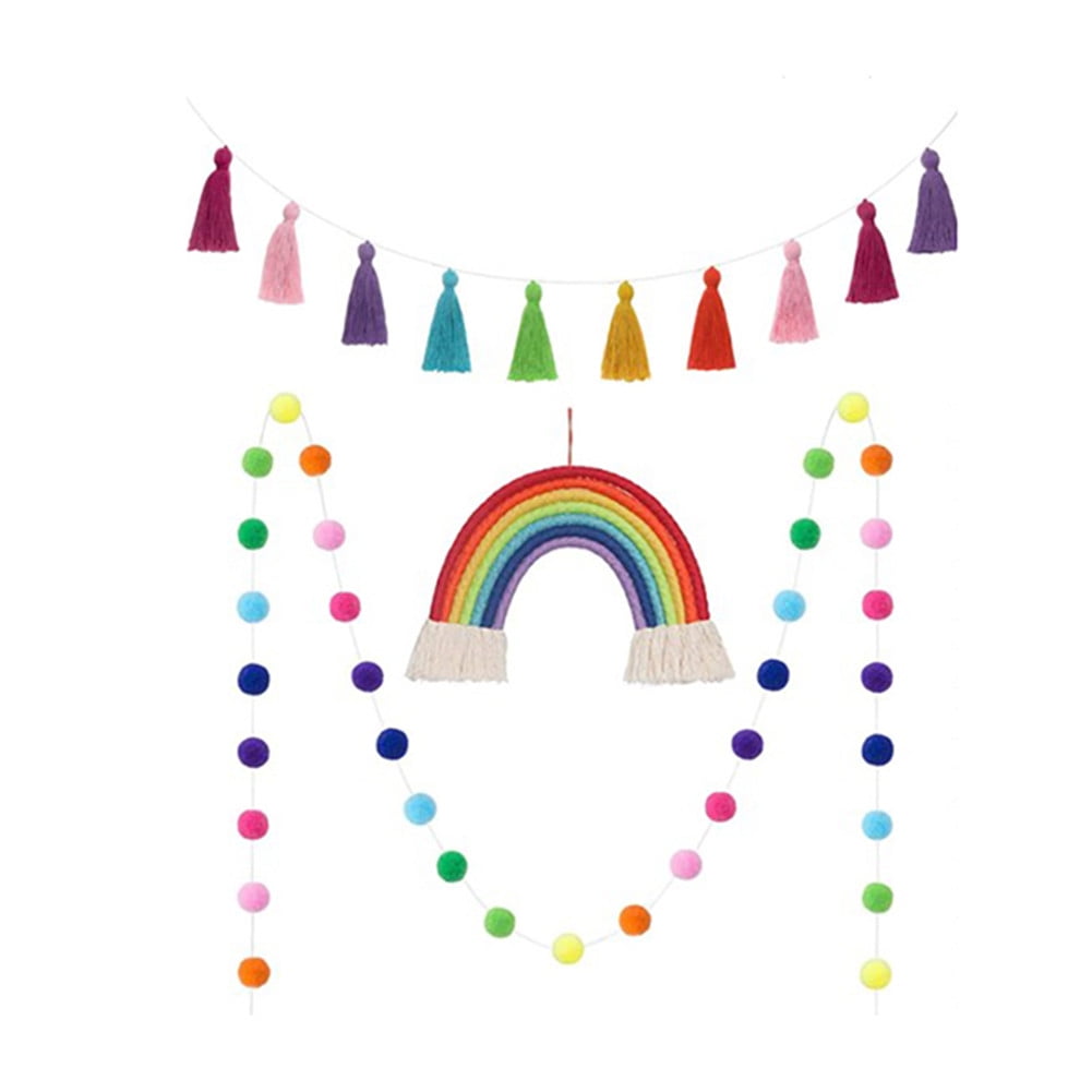 Pastel Rainbow Wall Decor Set Tassel Garland Pom Pom Ball String Banner