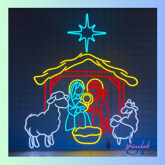Shinelab Nativity Scene Neon Sign, Holy Family Wall Art Light, Merry Christmas Home Wall Decor 0792