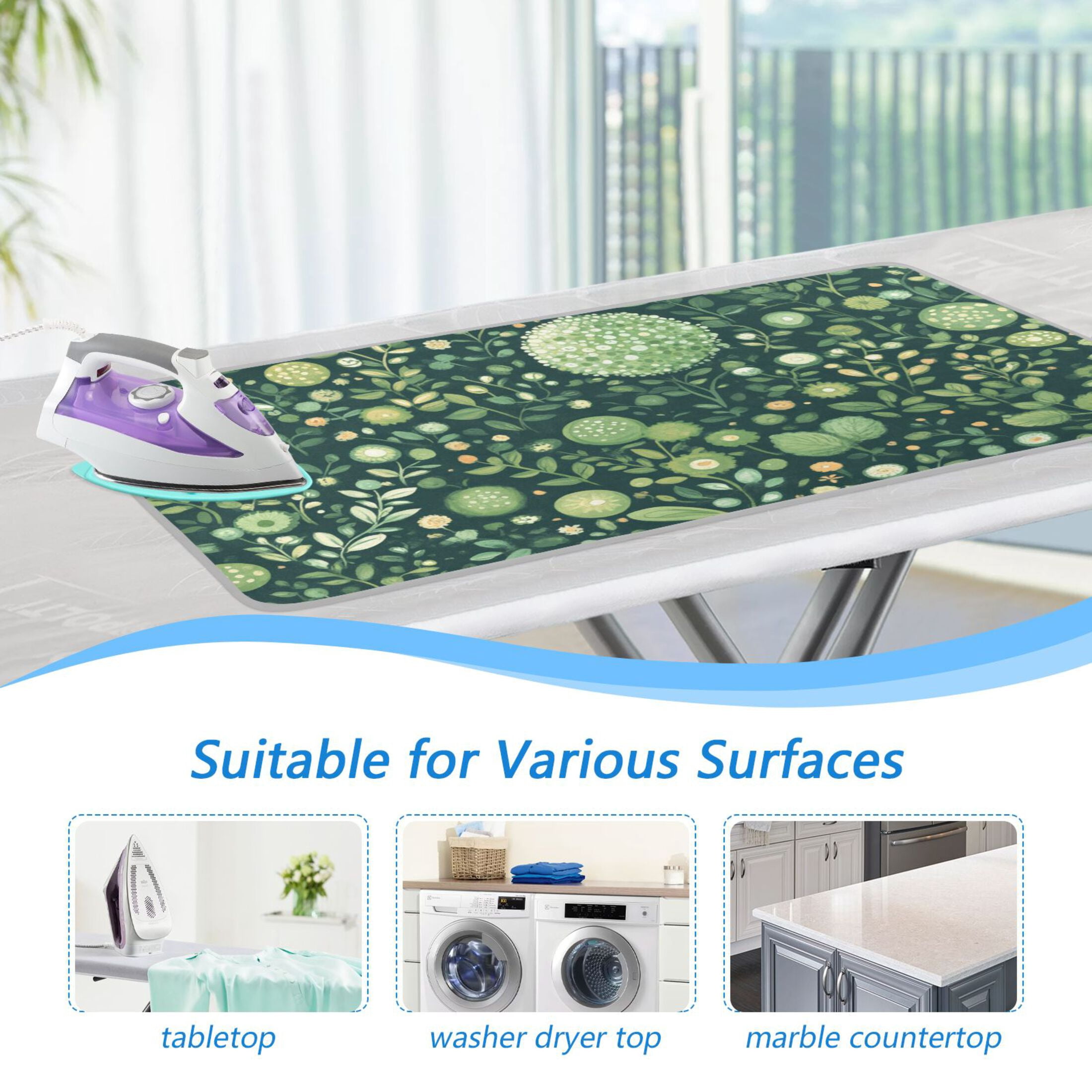 Green Floral Fabric Ironing Mat Blanket for Table Top Travel Portable Ironing Board Pad 47.2x27.6 Inch