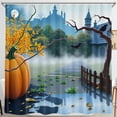 thumbnail image 1 of Spooky Halloween Shower Curtain - Enchanting Castle & Pumpkin Design, 1 of 4