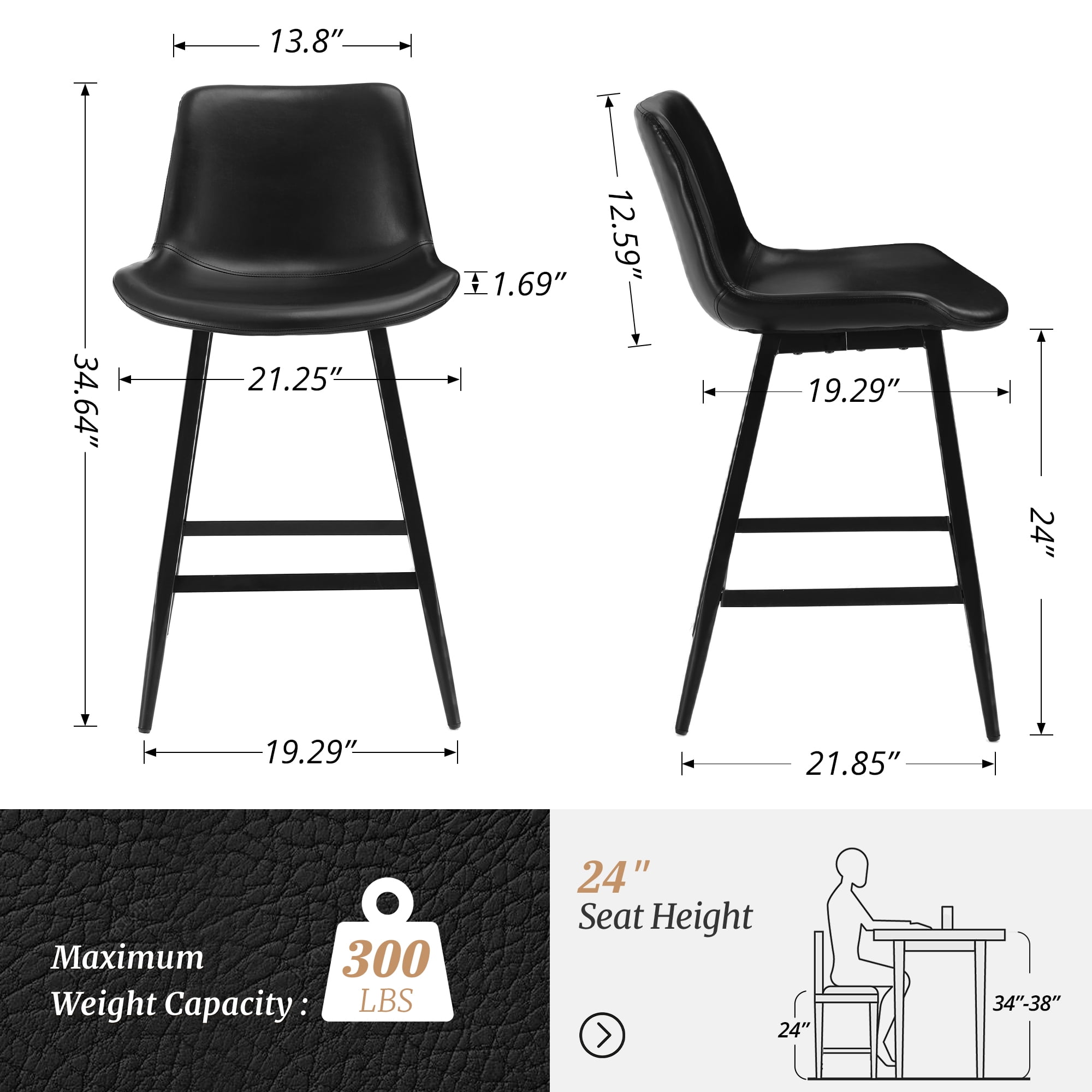 Dycanpo Modern Faux Leather 24 Inch,Counter Height Bar Stools Set of 4,for Home Kitchen, Black