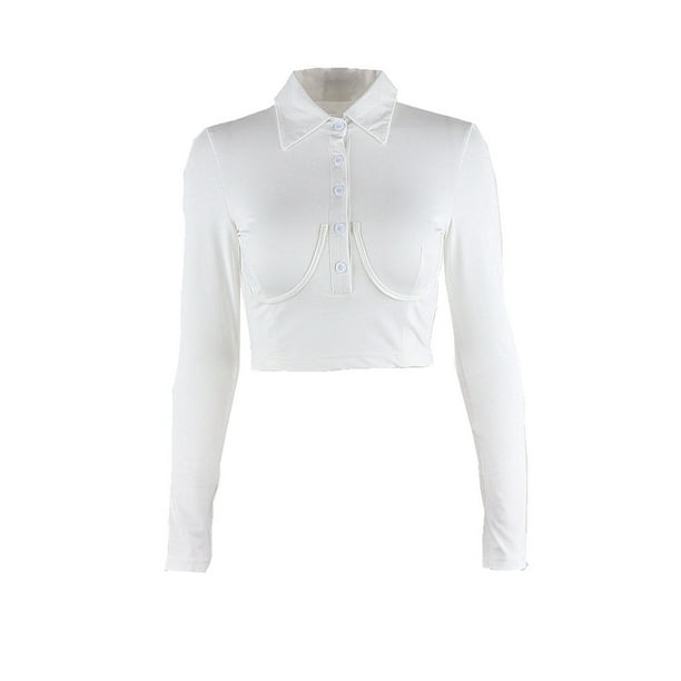 SUNSIOM Women's Button Down Shirt Long Sleeve Lapel Slim Fit Crop Top