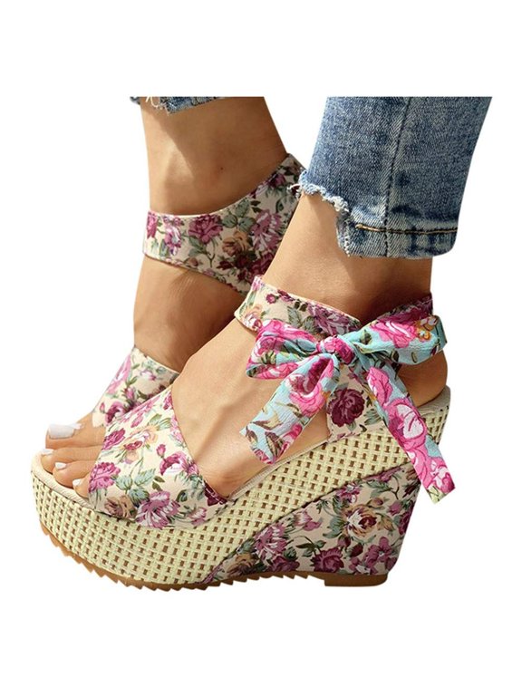 Wedge Sandals for Women Floral Bow Tie Espadrilles Platform Heel Sandal Open Cap Toe Platform Heeled Ankle Strap Shoes