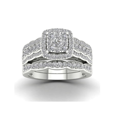 IMPERIAL Cluster Halo Diamond Engagement & Wedding Ring Set 1Ct. t.w. 10K White Gold