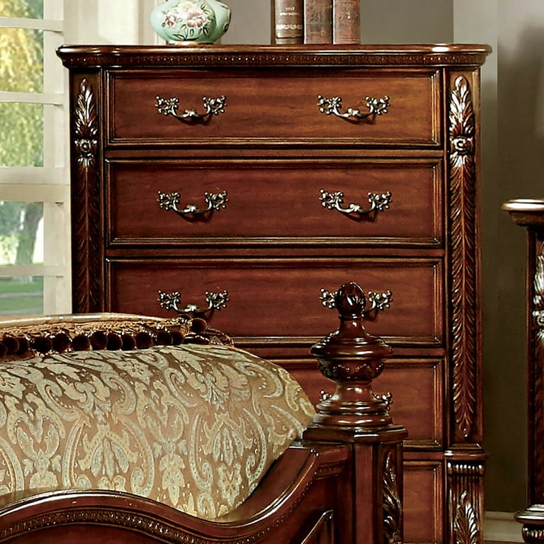 Traditional Brown Cherry 6pc Set Queen Size Bed Dresser Mirror Nightstands  Chest Bedroom Furniture Padded HB FB Antique Gold Decorative Details -  Walmart.com