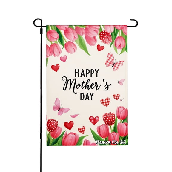 Jbralid Happy Mothers Day Garden Flag With Pink Tulips Hearts And Butterflies For Spring Summer Home Outdoor Garden Yard Door Decor 12x18 inch