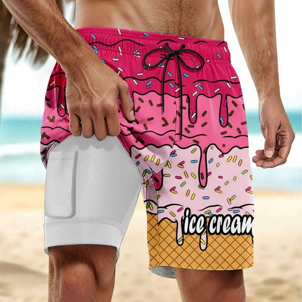 WILLBEST Pantalones Cortos Deportivos para Hombre, para Fiestas de Verano En La Piscina y Playa, Bañador de Doble Capa con Estampado de Hielo Derretido para Días de Playa y Uso Cómodo.
