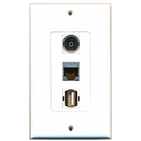RiteAV - 1 Port USB A-A and 1 Port Shielded Cat6 Ethernet and 1 Port Toslink Decorative Wall Plate Decorative