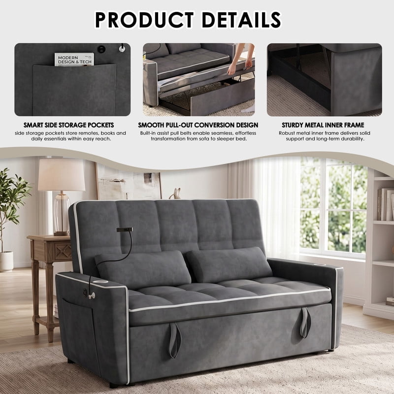 Anpport 54" 3‑in‑1 Convertible Sleeper Sofa Bed, Loveseat with White Trim, USB Charging Port, Phone Stand, 2 Cup Holders and 2 Pillows for Living Room, Bedroom and Apartment, Dark Gray
