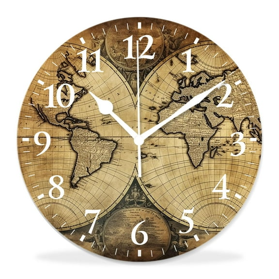 10 Inch Wall Clock Battery Operated Silent Clock Decorative for Office, Kitchen, Outdoor, Living RoomRetro World Map Lovely Drawing