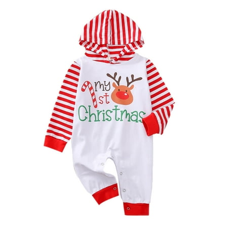 

TUOBARR Infant Baby Boys Girls Christmas Letter Print Striped Hoodie Romper Jumpsuit Red (3-18Months)