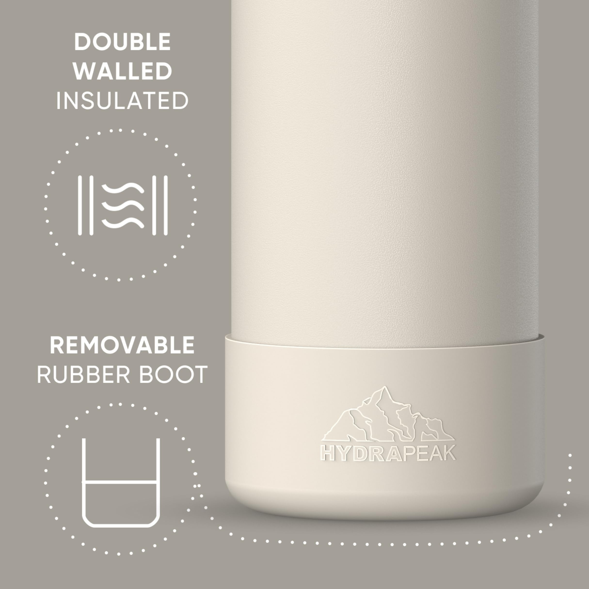 Hydrapeak 32oz Sport Insulated Water Bottle with Straw or Chug Lid, Leak & Spill Proof, Keeps Drinks Cold for 24 Hours, Hot for 12 Hours, Premium Stainless Steel Water Bottles (32oz, Stone)