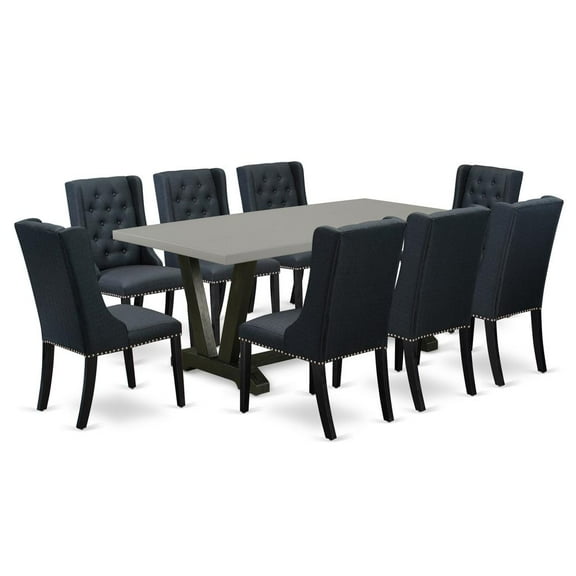 East West Furniture V697FO624-9 9 Pc Dining Room Set - 8 Black Linen Fabric Dining Chairs Button Tufted with Nail heads and Cement Dining Room Table - Wire Brush Black Finish