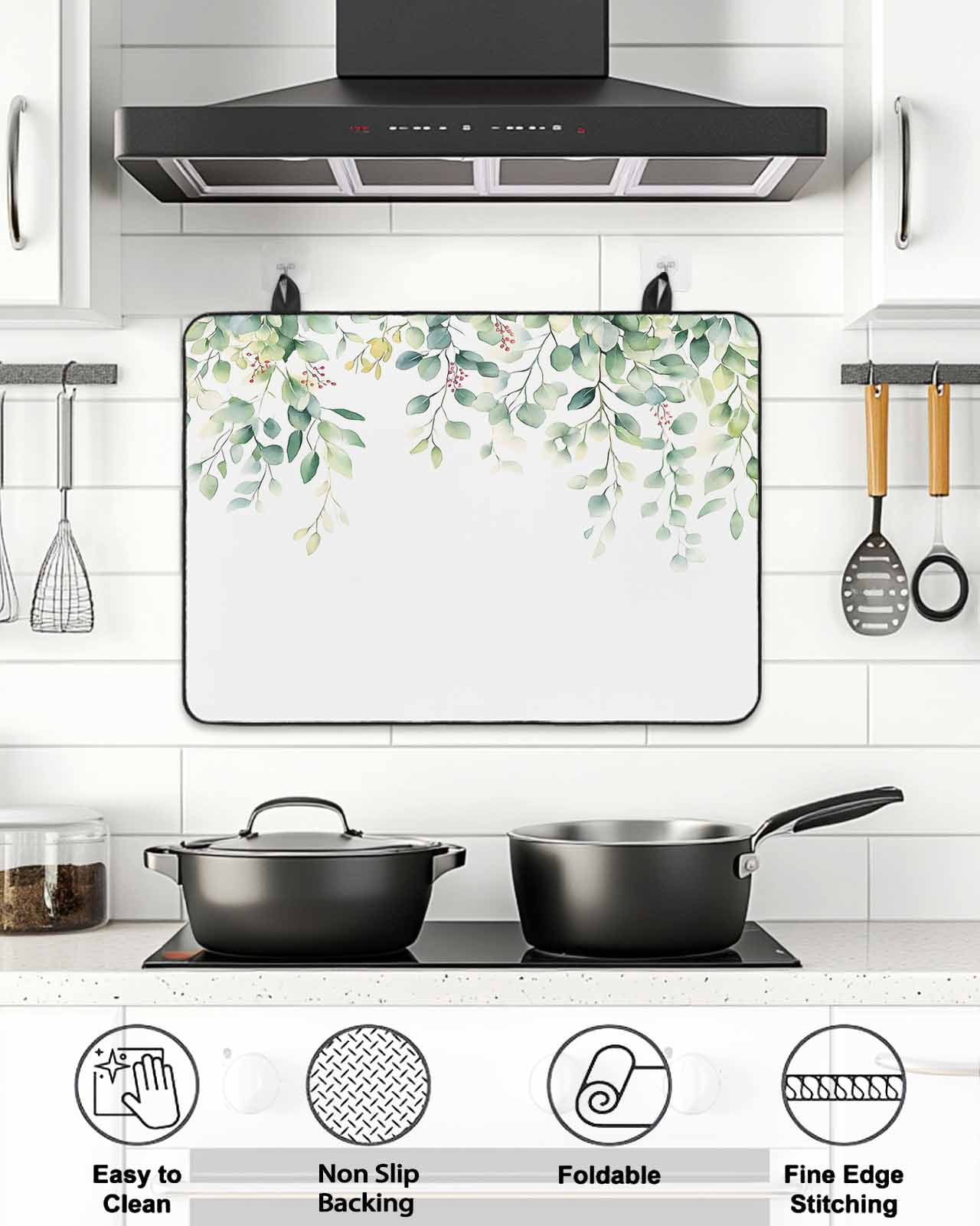 Stove Top Covers for Electric Stove, Eucalyptus Leaves Glass Stovetop Cover Protector, Summer Botanical Spring Green Induction Cooktop Protector Oven Mat for Kitchen Countertop 24"x21"