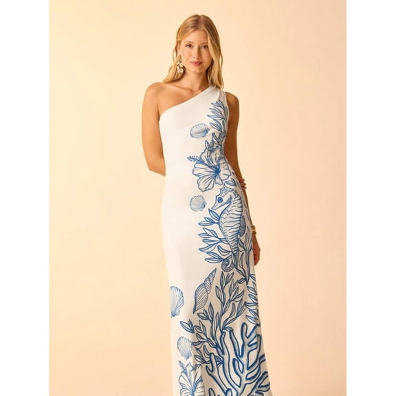 Blue And White Womens Boho Tropical Seahorse Coral Shell Print One-Shoulder Ruched Maxi Vacation Dress