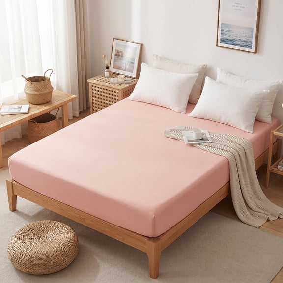 Unique Bargains Fitted Sheet Cotton Bed Sheets Cooling for Sleep 59"x78.7" Grapefruit Pink